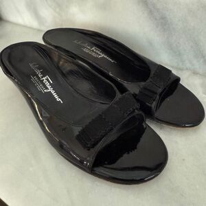 Salvatore Ferragamo Patent Leather Open Toe Kitten Heel Mule Sandal Black Sz 8.5
